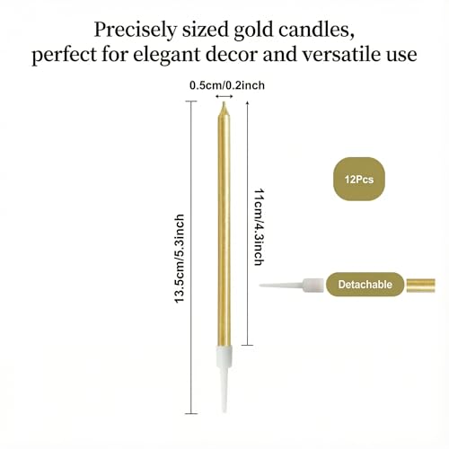 Gold Birthday Candles - Pack of 12 Long Thin Cake Candles