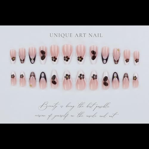 Brown French Tip Almond Press on Nails 3D Coffee Bean False Nails