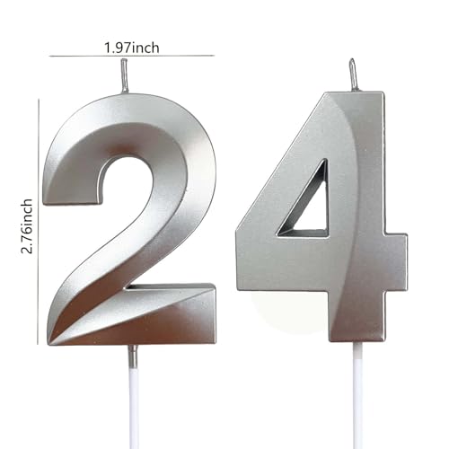 24th & 42nd Birthday Number Candles - Silver, 2.76" Tall