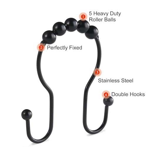 Goowin Black Stainless Steel Shower Curtain Hooks - 12 Pcs, Rustproof & Smooth Sliding