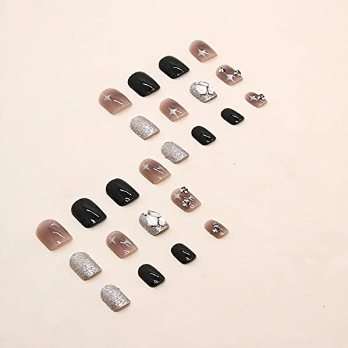 Onsdag Short Square Press on Nails with Rhinestones & Glitter Charm (24 Pcs)