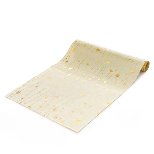 Beige Burlap Table Runner 12x108 Inch with Gold Stars & Glitter Finish