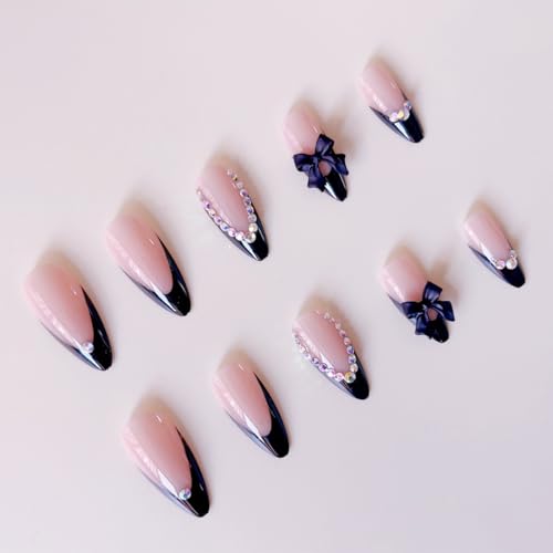 French Tip Black Almond Press On Nails with 3D Bow and Rhinestones