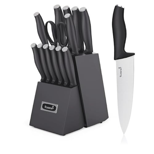 Chef Knife Set with Built-in Sharpener - 8-Inch Pro Version, Silver Black, 15 Pieces