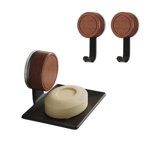 Airooglee Walnut & Stainless Steel Soap Dish, Suction Cup Shower Holder