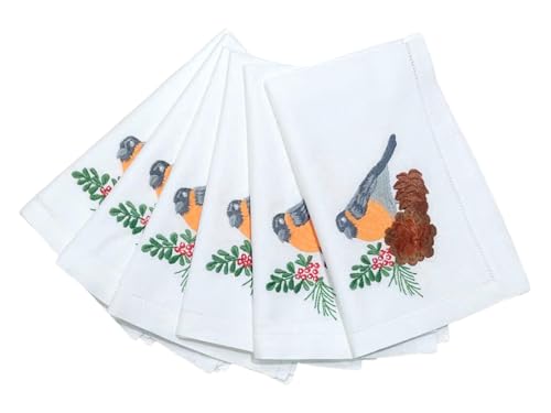 Christmas Bird & Pine Embroidered Cloth Napkin Set of 6 - 20x20 Cotton Table Linens with Hemstitch Details - Holiday & Daily Use