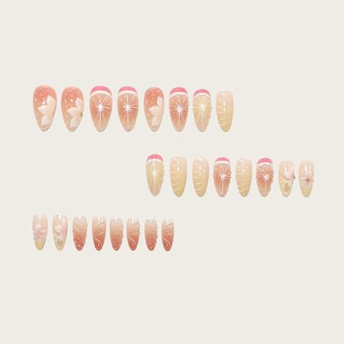 Sutaozhi Pink Flower Press On Nails Medium Almond Cherry Blossom Acrylic False Nails