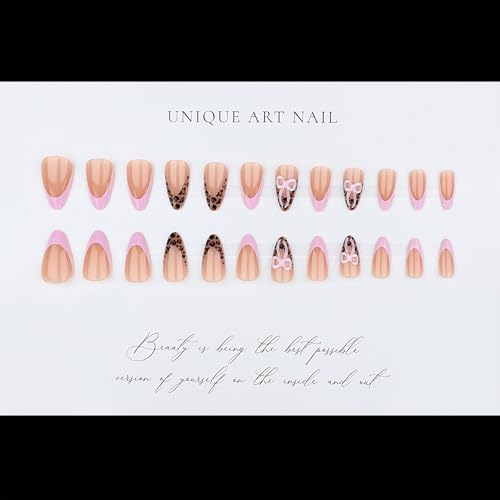 French Tip Press on Nails Medium Almond Fake Nails with 3D Bow & Leopard Print