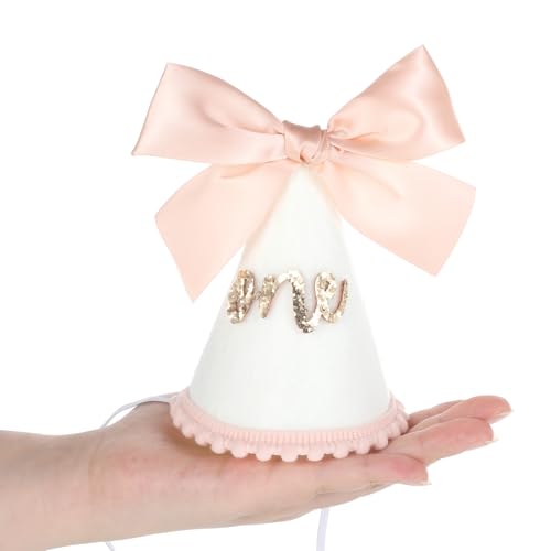 Pink Glitter Birthday Hat for 1 Year Old Girl - Bow Theme