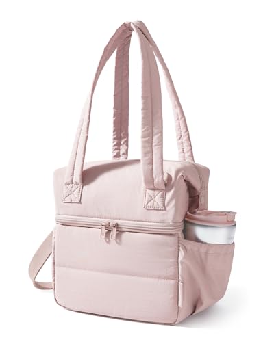 BAGSMART Insulated Double Deck Lunch Bag - Medium Puffer Tote, Pink
