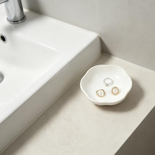 White Ceramic Jewelry Tray - Floral Ring Holder for Women