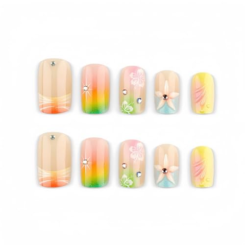 Pink French Tip Press On Nails with Butterfly Rhinestones 30Pcs