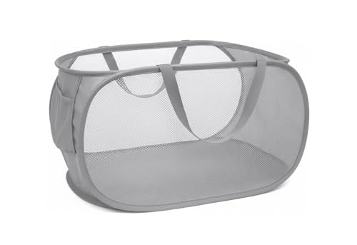 TEGOOL Collapsible Mesh Laundry Hamper - Foldable Pop-Up Basket, Grey