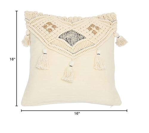 Bloomingville Hand-Woven Cotton and Jute Macramé Tassels Pillow, 16" L x 16" W x 2" H, Multicolor
