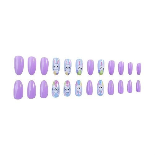 Easter Press on Nails Medium Almond Bunny Purple Glossy Fake Nails 24 Pcs