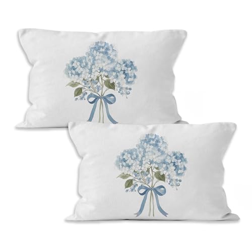 Blue Hydrangea Bow Throw Pillow Cover - 16x24 Flannel Decorative Case