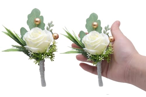 White Rose Boutonnieres for Men Wedding Groom 2-Pack Artificial Flowers