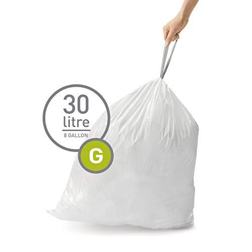 simplehuman Code G White Custom Fit Drawstring Trash Bags 100 Pack, 30L / 8 Gal