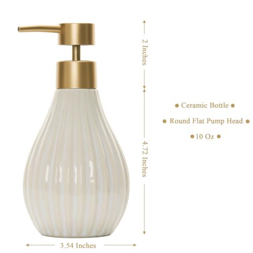 Beige Ceramic Soap Dispenser with Gold Pump - 10 Oz for Kitchen & Bathroom