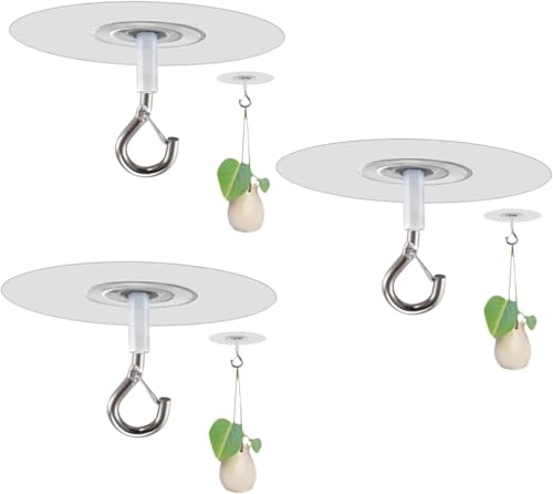 Adhesive Ceiling Hooks with Safety Clasp - Drill Free Silver Hooks (3 Pack)