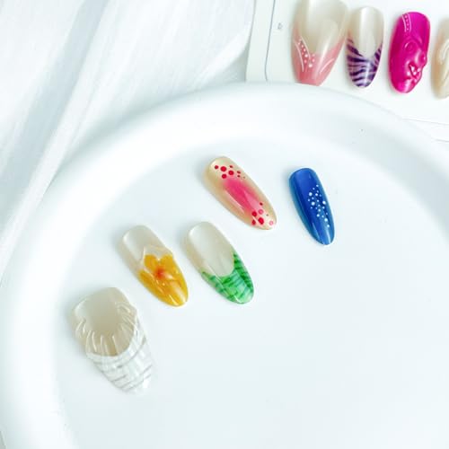 Glossy Almond Press On Nails French Tip Colorful Fake Nails Medium