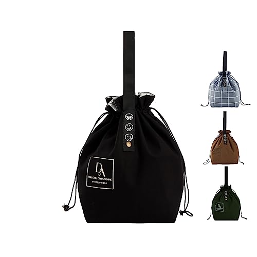 DAROSS Insulated Canvas Drawstring Lunch Bag - Foldable Bento Tote, Black