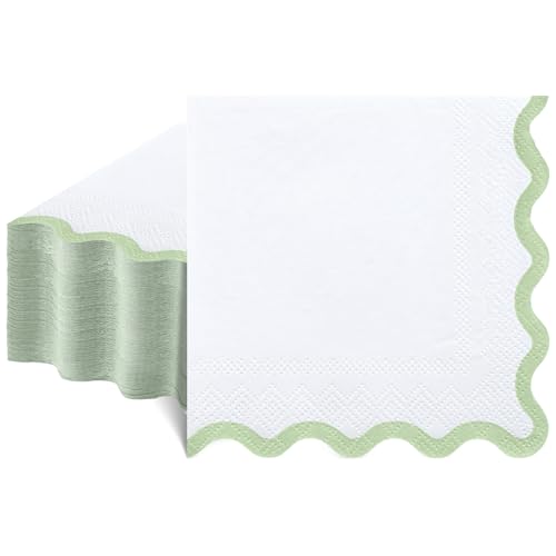 NatNarr Sage Green Scalloped Paper Napkins, 3-Ply Disposable, 80 Count