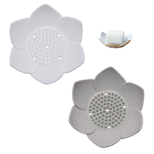 HONYUEYIM Lotus-Shaped Silicone Shower & Soap Dish Tray, Non-Slip Drainage, White/Grey