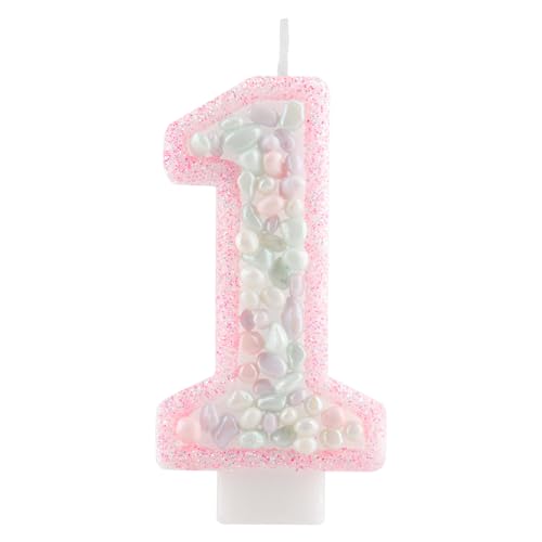 Pink Macaron Number 1 Birthday Candle Glitter Cake Topper for Girls
