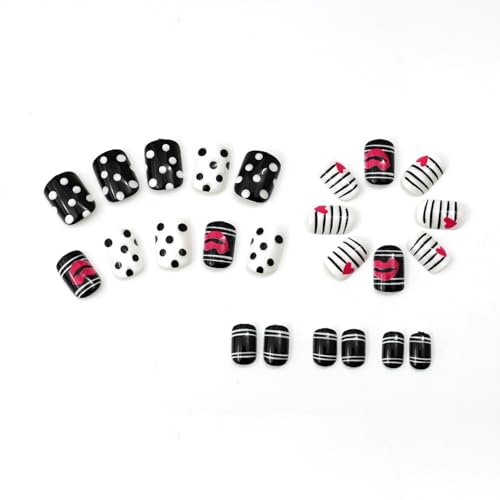Valentine Short Square Press on Nails with Heart and Lip Designs - 24 Pcs