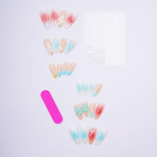 Blue French Tip Press On Nails Medium Almond Summer Fake Nails