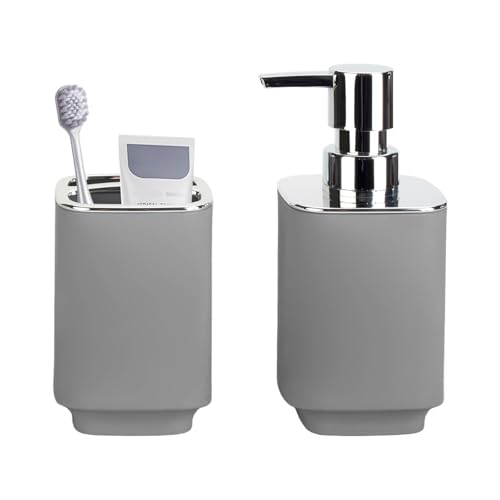 Grey Bathroom Accessories Set - 2 Pcs Soap Dispenser & Toothbrush Holder