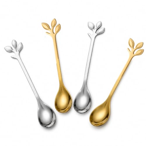 Hiiooweiyi Stainless Steel Leaf Coffee Spoons 4.7 Inch 4-Piece Set
