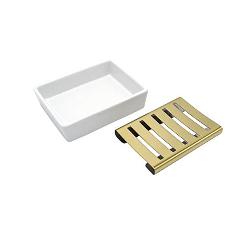 Lofekea Ceramic Soap Dish with Stainless Steel Self-Draining Tray