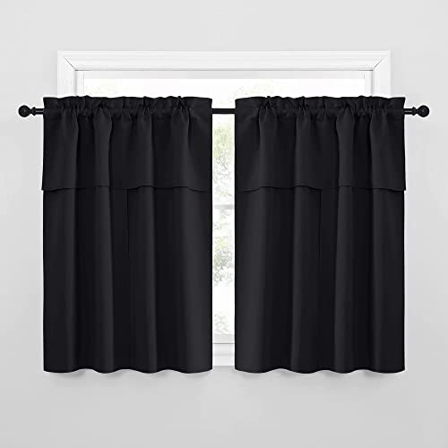 NICETOWN Blackout Curtains with Attached Valance - Jet Black, 52"W x 45"L, Pack of 2