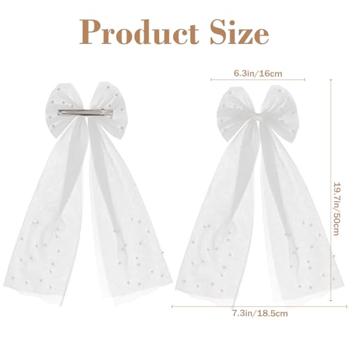 GAFATORY Pearl Hair Bow with Veil - White Bridal Tulle Hair Clip