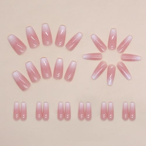 Hrnsnails Coffin Press On Nails Medium Long Ombre Glitter Acrylic Fake Nails