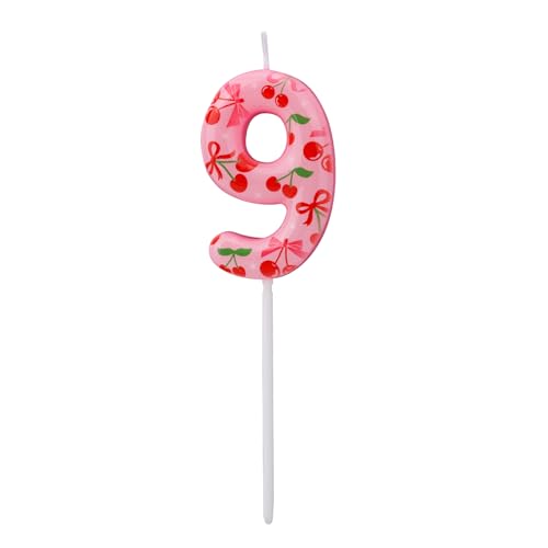BOXOB Number 9 Cherry Birthday Candle Pink Sweet Fruit Cake Topper