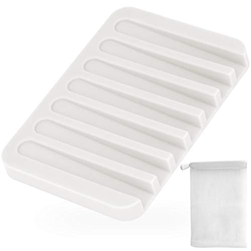 Anwenk Silicone Soap Dish & Foaming Mesh Bag - Self-Draining White Holder