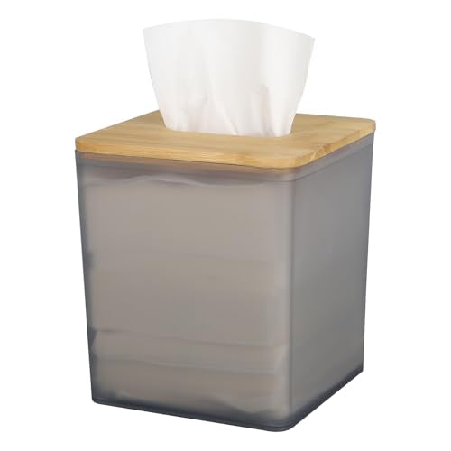 Black Square Tissue Box Cover with Bamboo Lid - Modern Farmhouse Decor