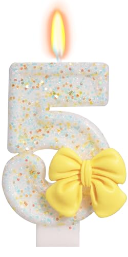 Number 5 Birthday Candle with Yellow Bow - Eco-Friendly Cake Topper