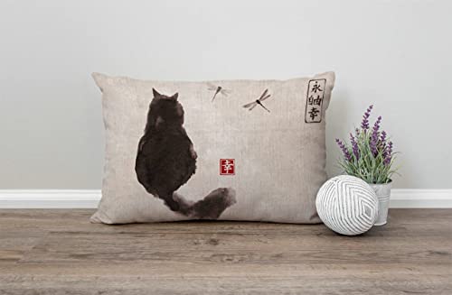 Vintage Cat & Dragonfly Throw Pillow Cover - 12x20 Inch Cotton Linen