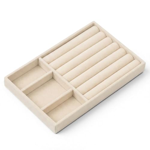 Velvet Jewelry Drawer Organizer Insert - Stackable Storage Tray (Beige)