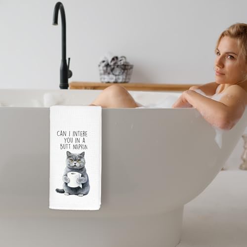 British Shorthair Cat Bathroom Hand Towels - Can I Interest You in a But Napkin - Cat Lover Gift - 16x25 Inch - Variation: Cat Towels-az