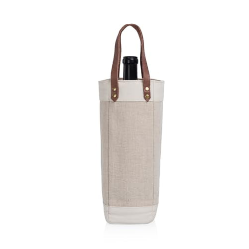 PICNIC TIME Pinot Jute Single Bottle Insulated Wine Bag, Wine Tote Bag, Wine Gift Bag, (Beige)