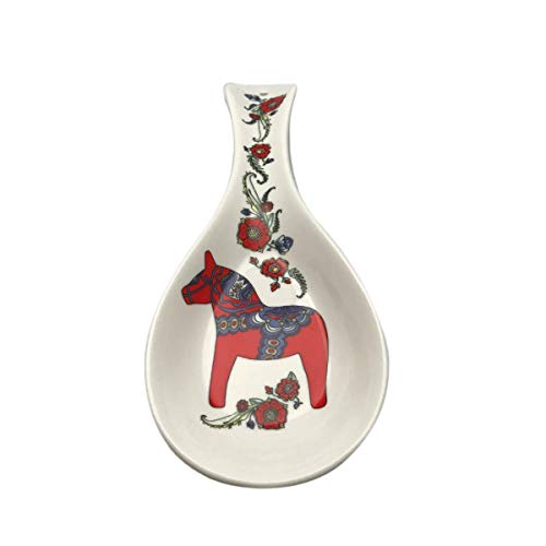 Red Ceramic Spoon Rest - Scandinavian Dala Horse Design, 10 Inch Kitchen Utensil Holder