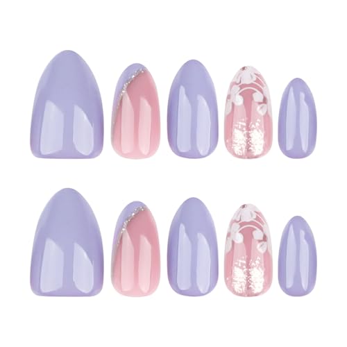 MISUD Medium Almond Press on Nails – Purple Spring Floral Acrylic Fake Nails