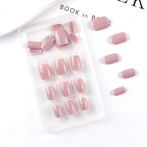 BFY Short Square Press on Nails - Glossy Purple Fake Nails with Glitter Lines, 24 Pcs