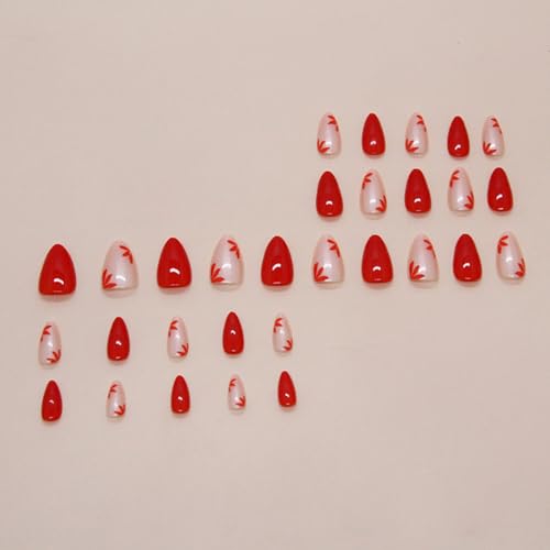 MIXFOSAHN Short Almond Press on Nails Red White Floral False Nails 30 Pcs