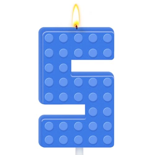 Blue Number 5 Birthday Candle - Building Block Cake Topper